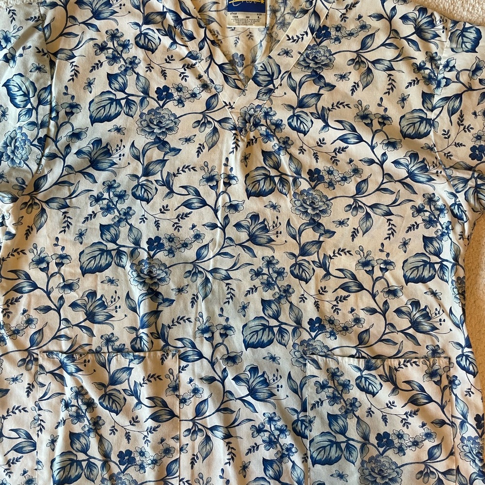 Floral Blue and White Women's  Nursing Scrub Top